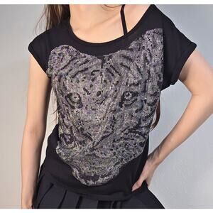Y2K Rhinestone Tiger Shirt Black Indie Sleaze